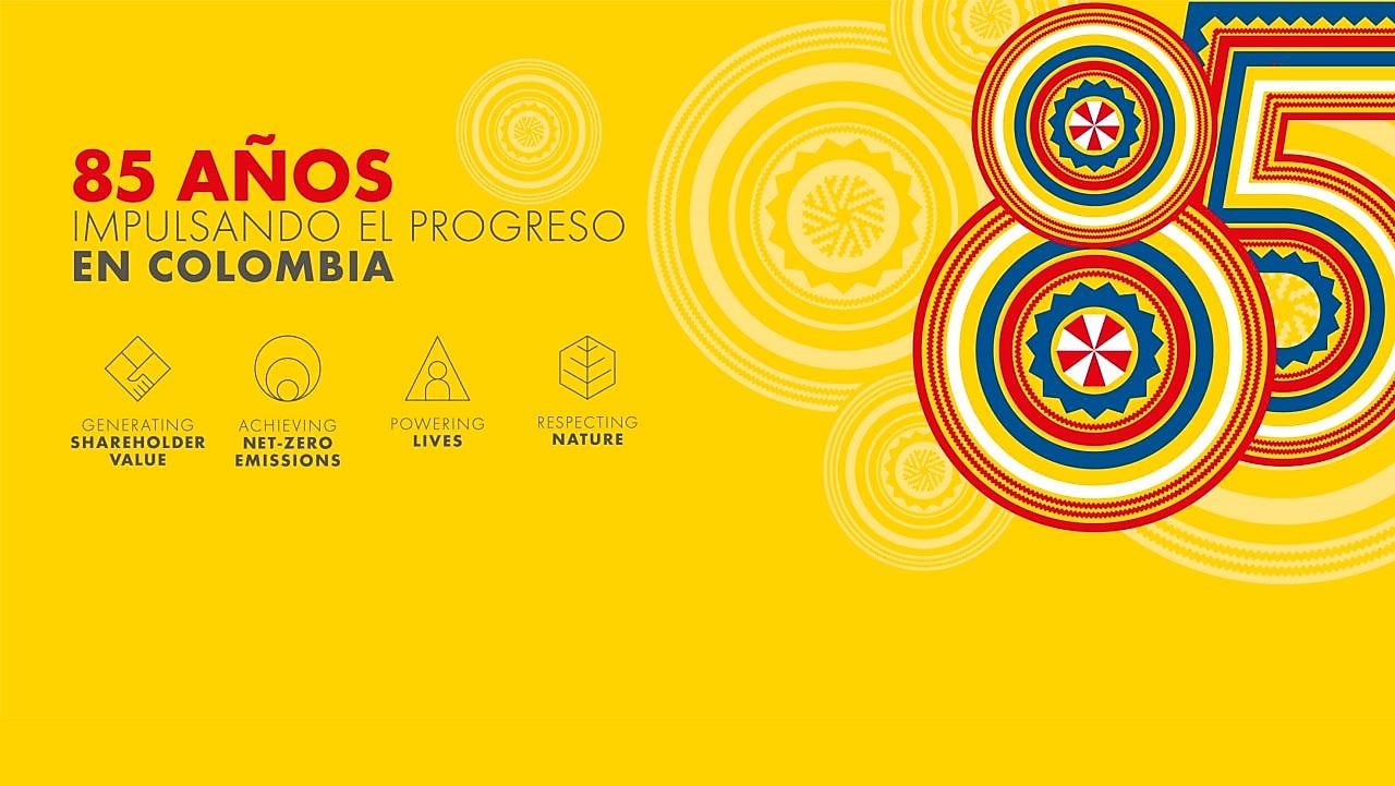 La imagen representa la identidad visual creada para celebrar el 85 aniversario de la presencia de Shell en Colombia. El texto en el fondo amarillo dice: “85 años impulsando el progreso en Colombia”, seguido por los cuatro iconos que representan los pilares de la estrategia de Shell “Impulsando el Progreso”: En la derecha, una representación artística del número 85 connotando los tradicionales sombreros vueltiaos de Colombia en rojo, blanco, amarillo y azul.