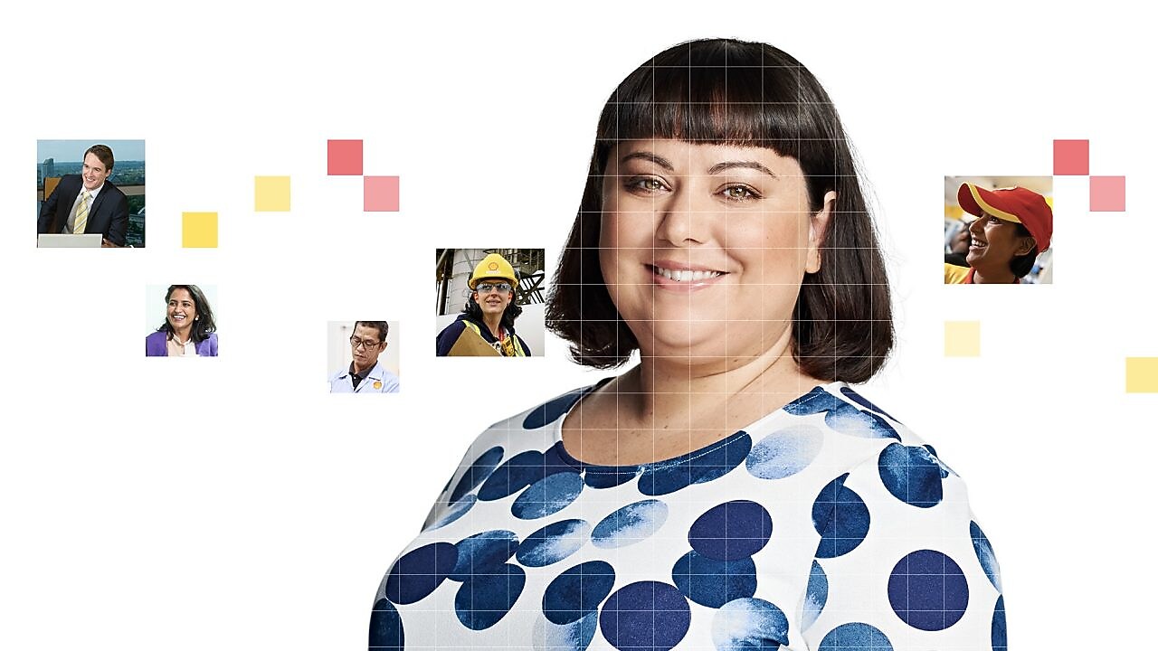 Female with dark brown hair wearing a white and blue top, with a mosaic of images surrounding her.