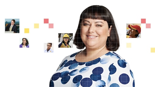 Female with dark brown hair wearing a white and blue top, with a mosaic of images surrounding her.