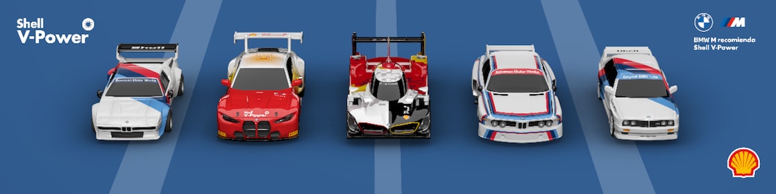 Carros BMW M en miniatura alineados sobre un fondo azul con líneas de pista. Incluye BMW LMDh y BMW M4 GT3 (versiones Inception y Sunburst en rojo Shell), junto a los clásicos BMW M1, BMW 3.0 CSL y BMW M3. Se observan los logos de Shell V-Power y BMW M, y el mensaje ‘BMW M recomienda Shell V-Power’.”