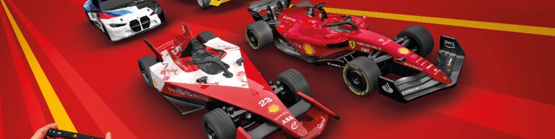 Carros de colección Shell motorsport a control remoto: Ferrari F1-75, BMW M4 GT3, Nissan FE GEN 3, y Team Penske Indy Car