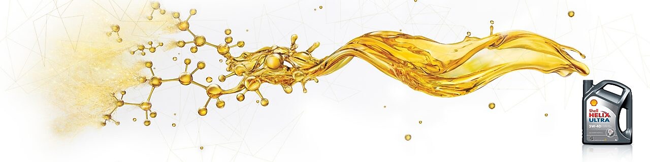 Envase de Shell Helix Ultra desde cuya apertura superior fluye aceite